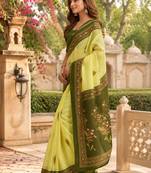 Yellow green printed chanderi cotton ready to wear saree
