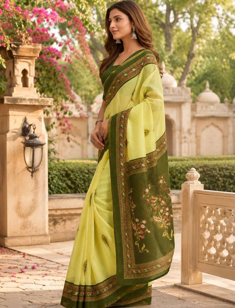 Yellow green printed chanderi cotton ready to wear saree