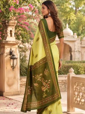 Yellow green printed chanderi cotton ready to wear saree 2