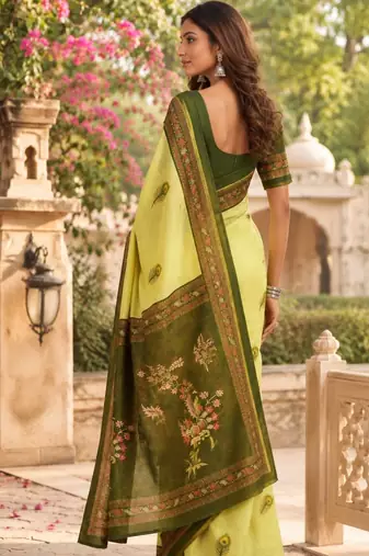 Yellow green printed chanderi cotton ready to wear saree