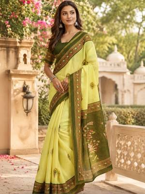 Yellow green printed chanderi cotton ready to wear saree 3
