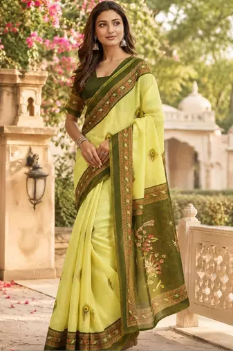 Yellow green printed chanderi cotton ready to wear saree