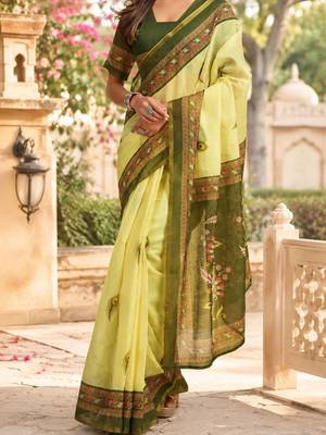 Yellow green printed chanderi cotton ready to wear saree 4