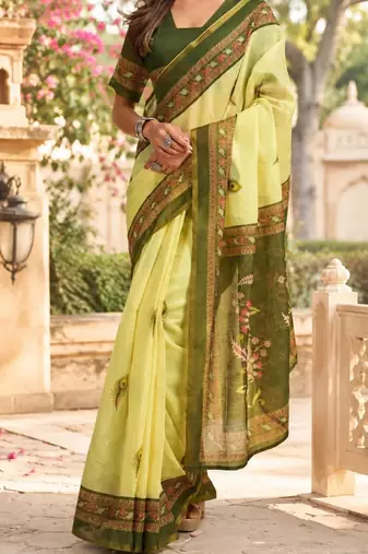 Yellow green printed chanderi cotton ready to wear saree