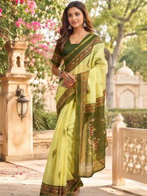 Yellow green printed chanderi cotton ready to wear saree 5