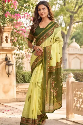 Yellow green printed chanderi cotton ready to wear saree