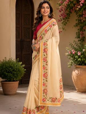 Cream cream printed chanderi cotton ready to wear saree 1