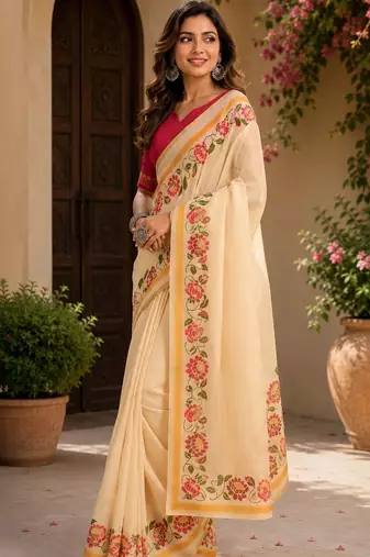 Cream cream printed chanderi cotton ready to wear saree