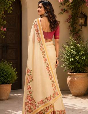 Cream cream printed chanderi cotton ready to wear saree 2