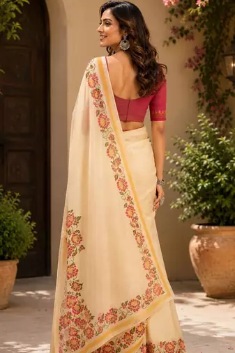 Cream cream printed chanderi cotton ready to wear saree