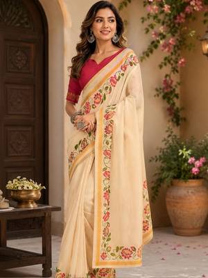 Cream cream printed chanderi cotton ready to wear saree 3