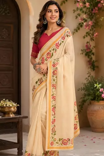 Cream cream printed chanderi cotton ready to wear saree