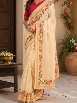 Cream cream printed chanderi cotton ready to wear saree 4