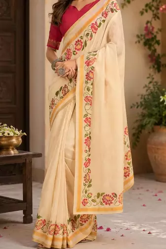 Cream cream printed chanderi cotton ready to wear saree