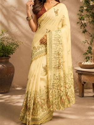 Yellow cream printed chanderi cotton ready to wear saree 1