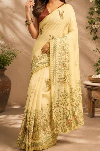 Yellow cream printed chanderi cotton ready to wear saree