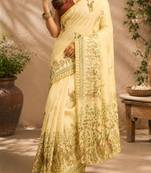 Yellow cream printed chanderi cotton ready to wear saree