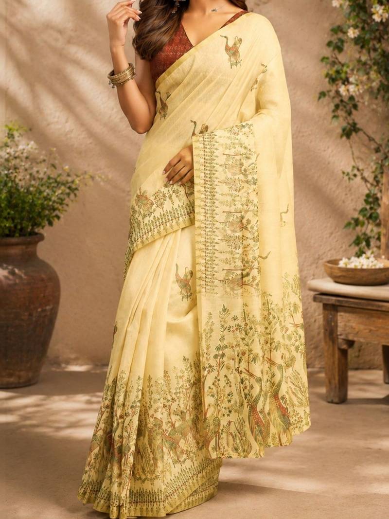Yellow cream printed chanderi cotton ready to wear saree