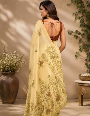 Yellow cream printed chanderi cotton ready to wear saree 2