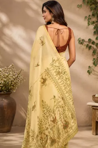 Yellow cream printed chanderi cotton ready to wear saree