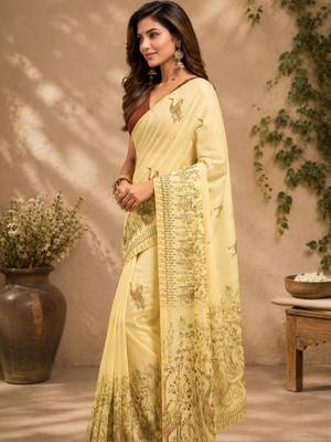 Yellow cream printed chanderi cotton ready to wear saree 3