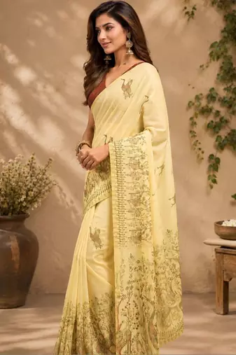Yellow cream printed chanderi cotton ready to wear saree