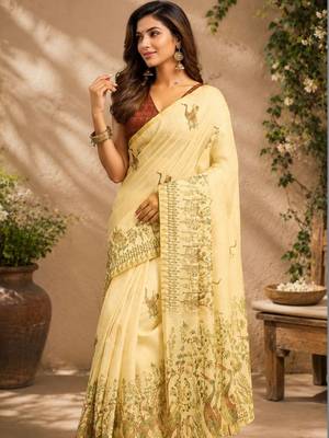 Yellow cream printed chanderi cotton ready to wear saree 4