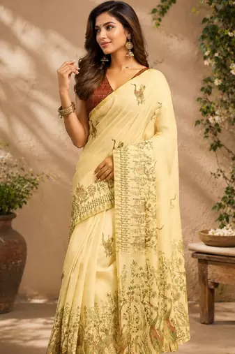 Yellow cream printed chanderi cotton ready to wear saree
