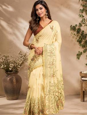 Yellow cream printed chanderi cotton ready to wear saree 5