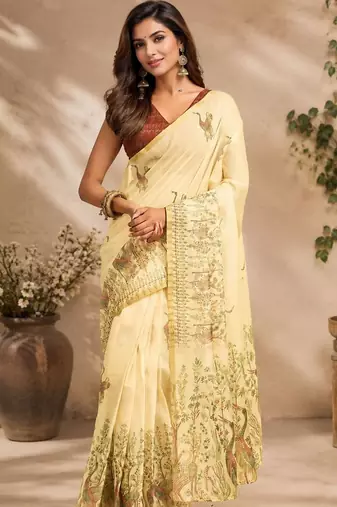 Yellow cream printed chanderi cotton ready to wear saree