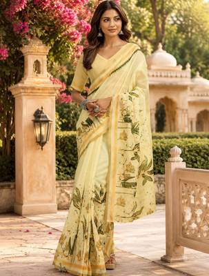 Yellow cream printed chanderi cotton ready to wear saree 1
