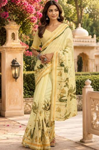 Yellow cream printed chanderi cotton ready to wear saree