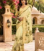 Yellow cream printed chanderi cotton ready to wear saree