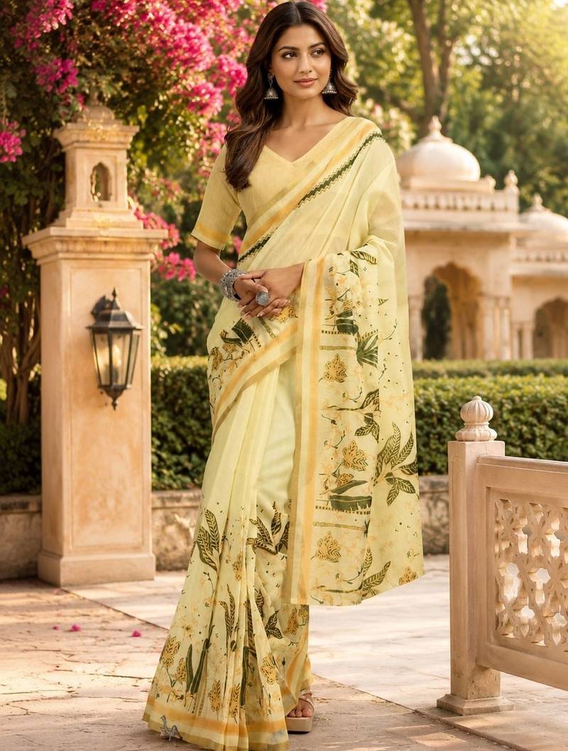 Yellow cream printed chanderi cotton ready to wear saree