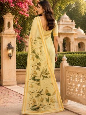 Yellow cream printed chanderi cotton ready to wear saree 2