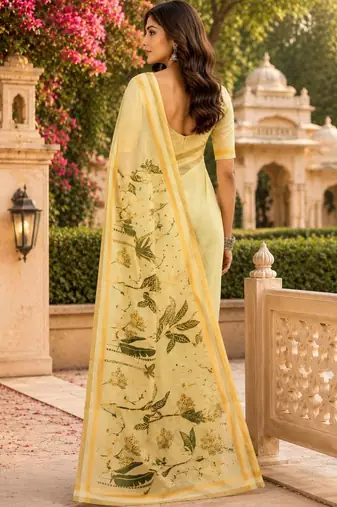 Yellow cream printed chanderi cotton ready to wear saree