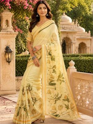 Yellow cream printed chanderi cotton ready to wear saree 3