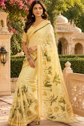 Yellow cream printed chanderi cotton ready to wear saree