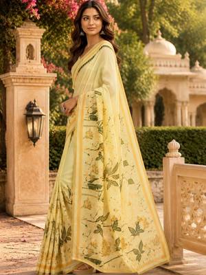 Yellow cream printed chanderi cotton ready to wear saree 4