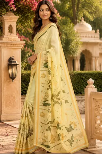 Yellow cream printed chanderi cotton ready to wear saree