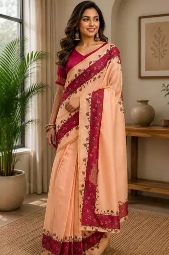 Peach printed chanderi cotton ready to wear saree