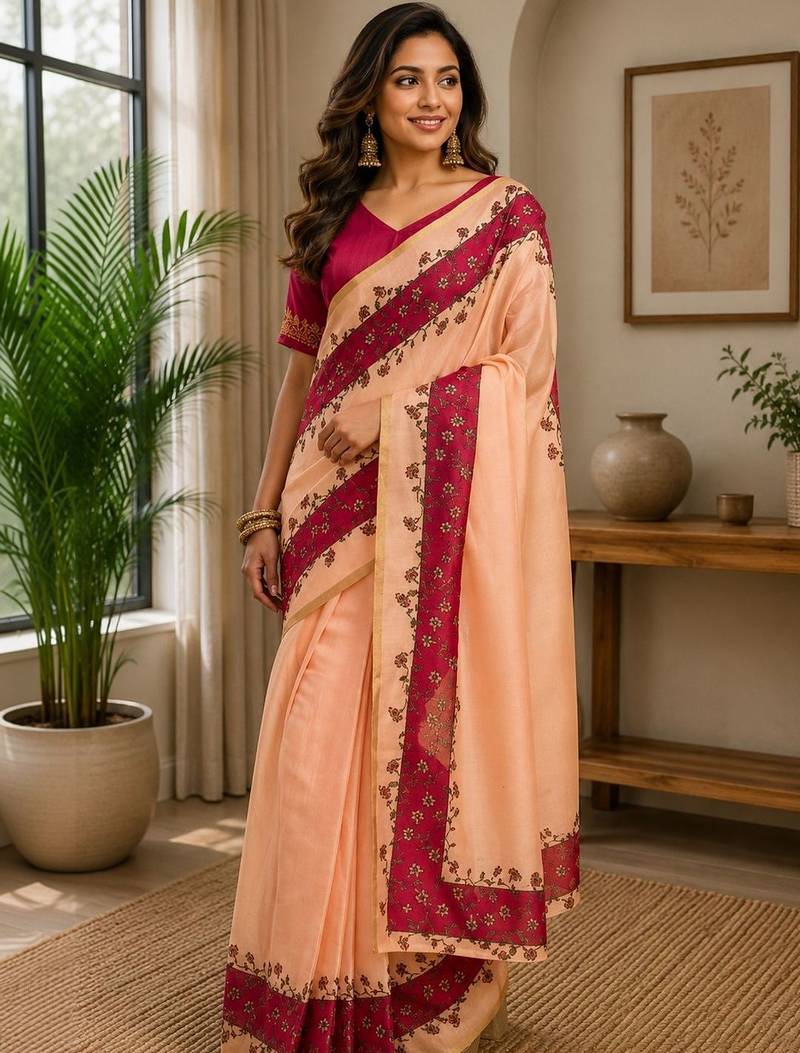 Peach printed chanderi cotton ready to wear saree