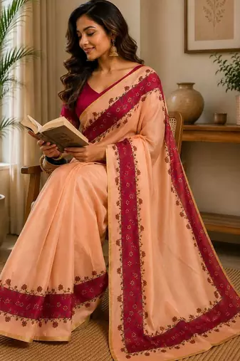 Peach printed chanderi cotton ready to wear saree