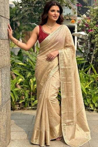 Beige checked zari silk blend saree