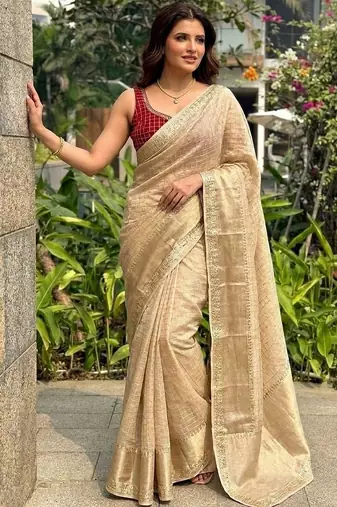 Beige checked zari silk blend saree