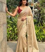 Beige checked zari silk blend saree