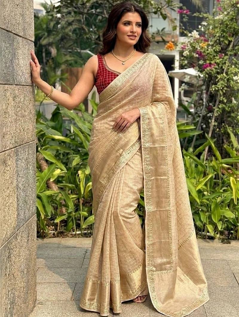 Beige checked zari silk blend saree