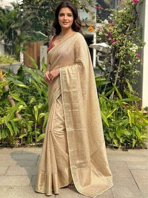 Beige checked zari silk blend saree 2
