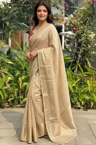 Beige checked zari silk blend saree