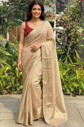 Beige checked zari silk blend saree